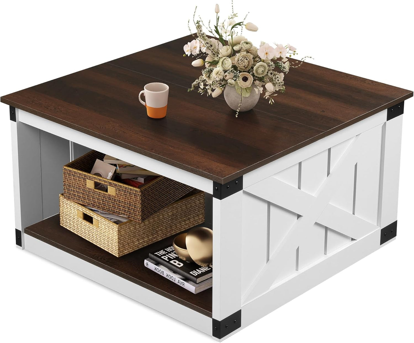 WLIVE Coffee Table, Farmhouse Coffee Table with Open Storage, 31.5" Wood Square Living Room Tables, Rustic Dining Cocktail Center Table for Living Room, Espresso