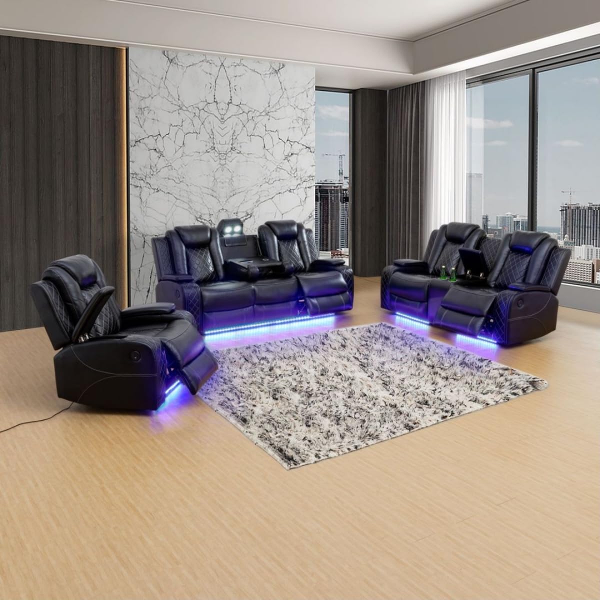 Electric Power Recliner Chair/Loveseat/Sofa Living Room, Comfy Home Theater Breathing Leather Seating with USB 2.0 Charging Ports, LED Light Strips, Fold-Down Table & Cupholders (Black, 3-Piece)