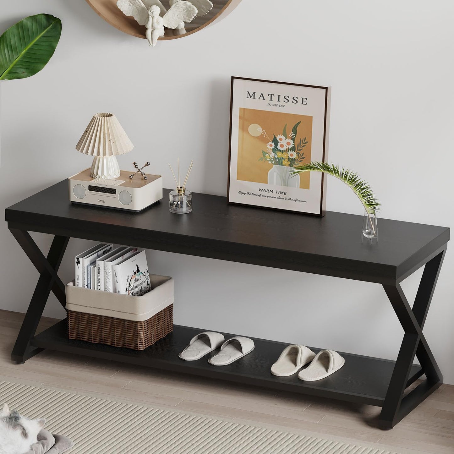 IBF Black Bench, Modern Entryway Bench for Bedroom, Wood Metal Storage Hallway Bench for Dining Living Room, Farmhouse Shoe Rack Indoor Accent Seating Bench for Foyer Entrance, Black Oak, 47 Inch Long