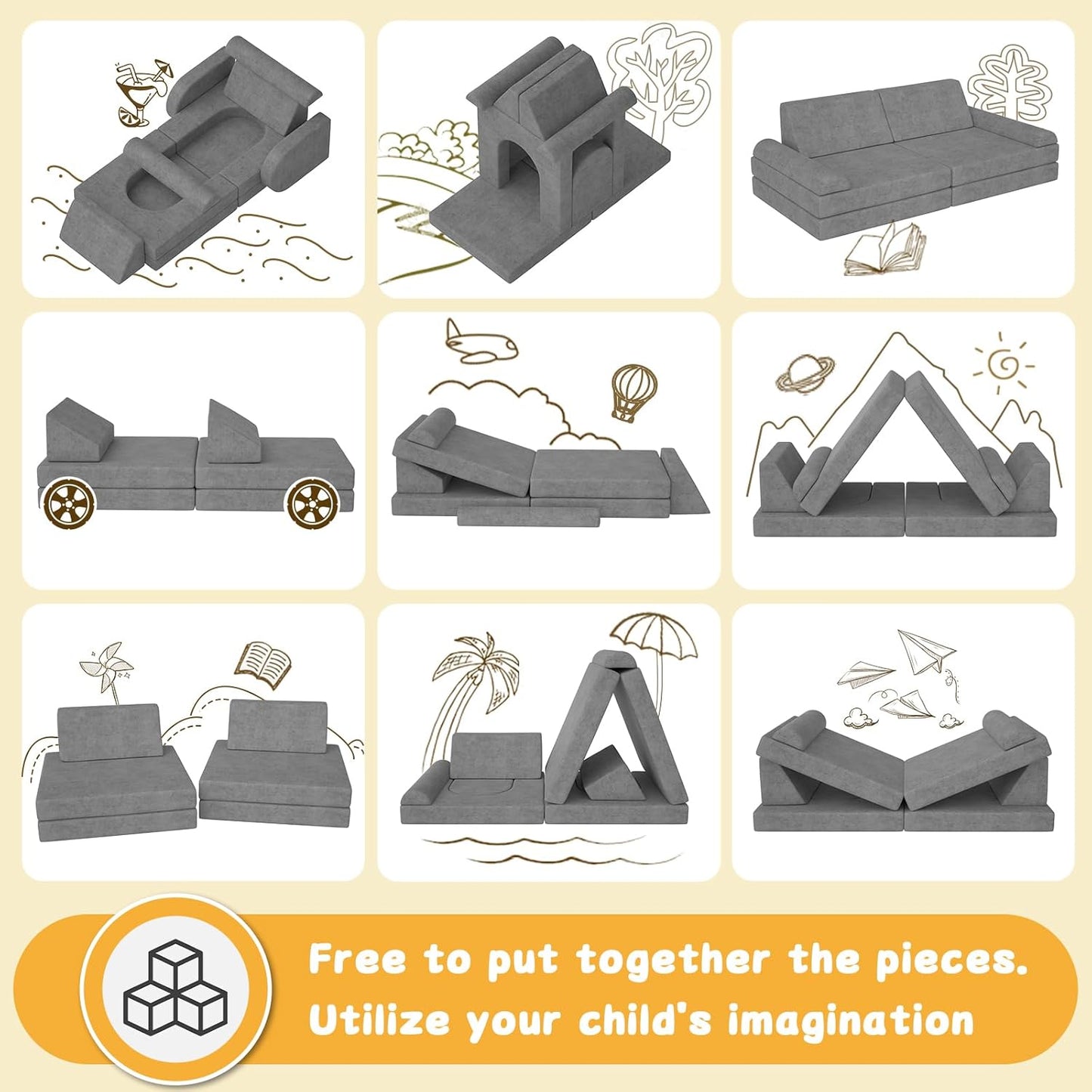 Modular Kids Play Couch 10PCS – Convertible Kids Sofa & Toddler Play Couch with DIY Foam Pieces for Imaginative Play, Climbing & Relaxation for Playroom, Bedroom, Nursery & Living Room