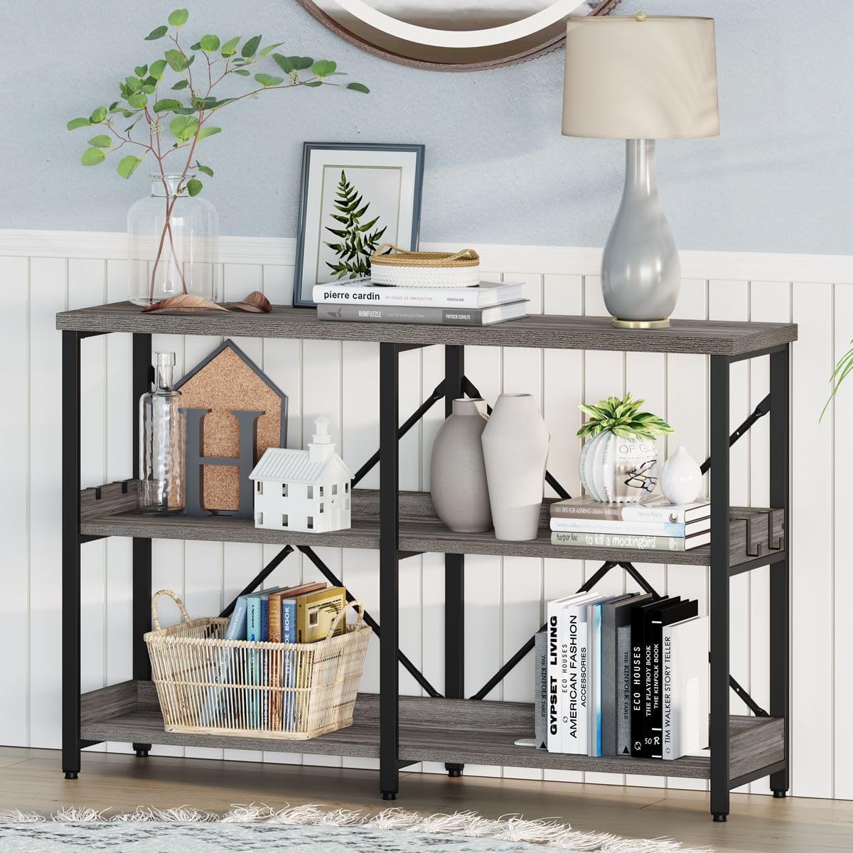 BON AUGURE Entry Table, 47 Inch Console Tables for Entryway, Narrow Couch Table Behind Sofa for Living Room, Wood 3 Tier Shelves Organization Tables for Foyer, Hallway (Dark Grey Oak)