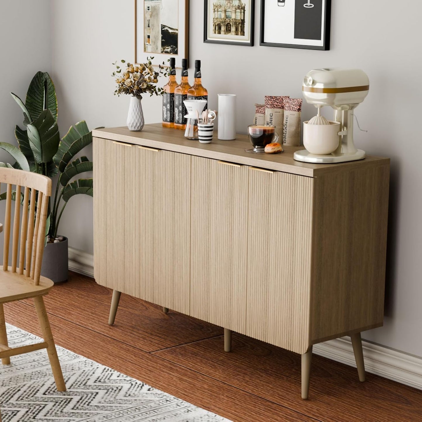 Sideboard Buffet Cabinet with Storage, 4 Doors Wood Entryway Cabinet, Modern Accent Cabinet with Solid Wood Feet & Adjustable Shelves, Multifunctional Console Table for Living Room, Kitchen, Hallway