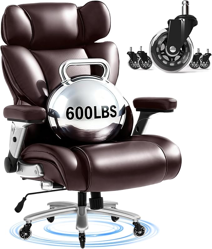 FLEXISPOT 600lbs Big and Tall Office Chair for Heavy People, Heavy Duty Computer Desk Chair with Dynamic Lumbar Support 2D Armrest Blade Wheels, Chairs for Home Office Gaming Working, Leather, Brown