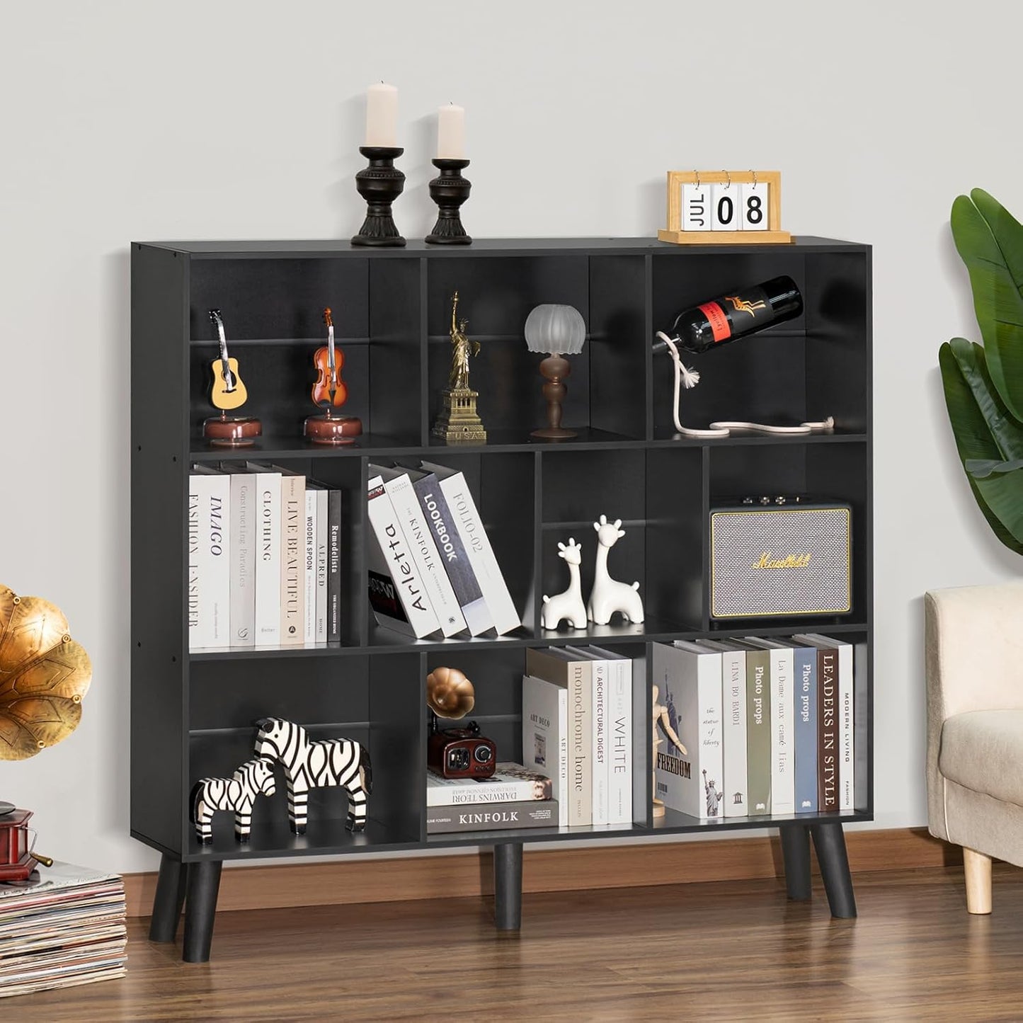 YAHARBO 10 Cube Bookshelf,3 Tier Bookcase with Legs,Black Mid-Century Modern Bookshelves,Large Free Standing Open Storage Organizer Shelf,Tall Wooden Book Case Furniture for Bedroom,Living Room,Office