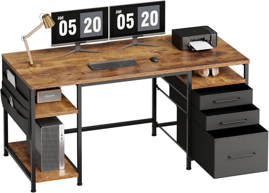 Ｍａｉｈａｉｌ Maihail Home Office Desk with Drawers Adjustable Shelves, 59 inch Writing Desk with File Cabinet, Large Computer Desk with Storage, Rustic Brown