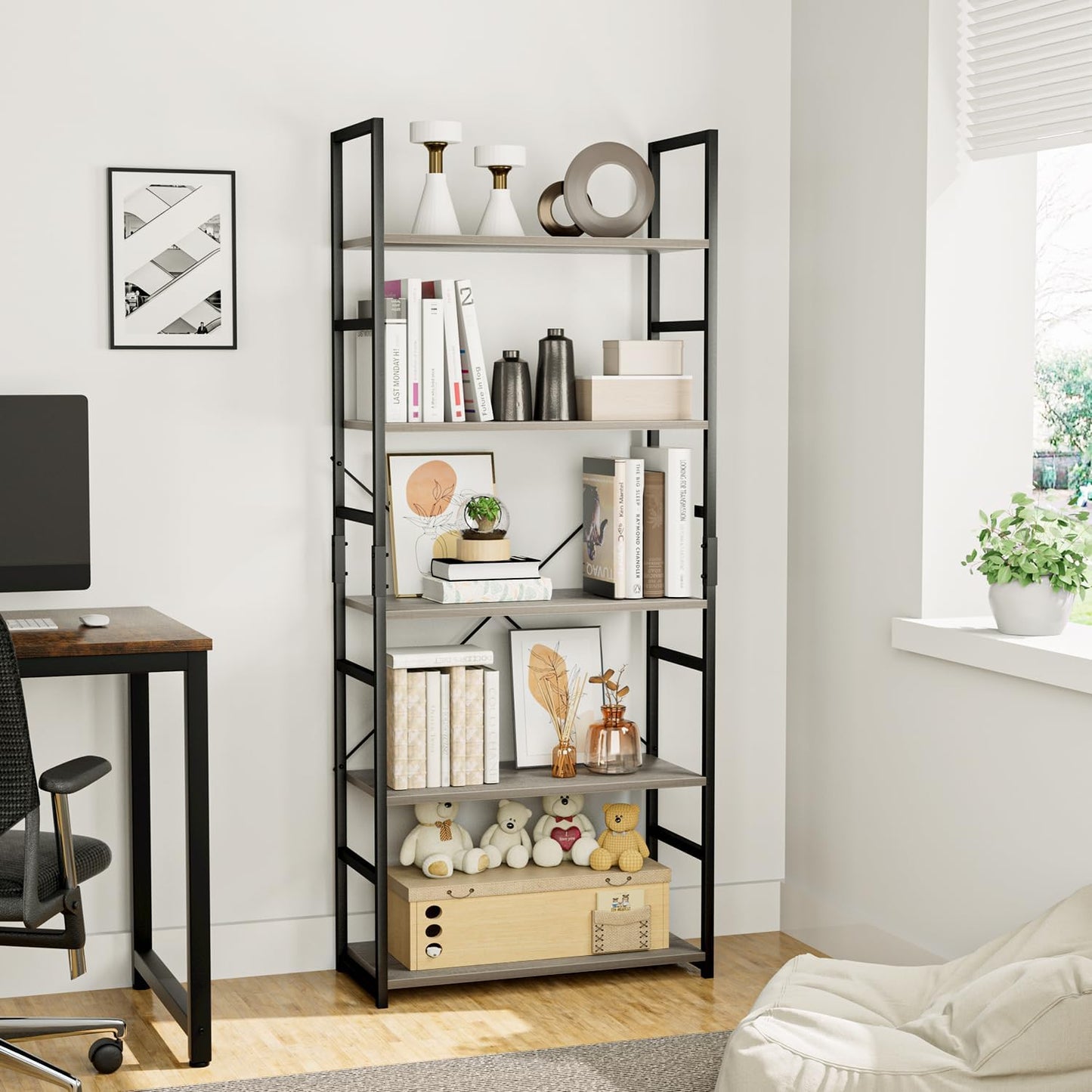 OTK 5 Tier Bookshelf, Tall Bookcase, Office Shelf Storage Organizer, Modern Book Shelf for Living Room, Bedroom, and Home Office, Grey