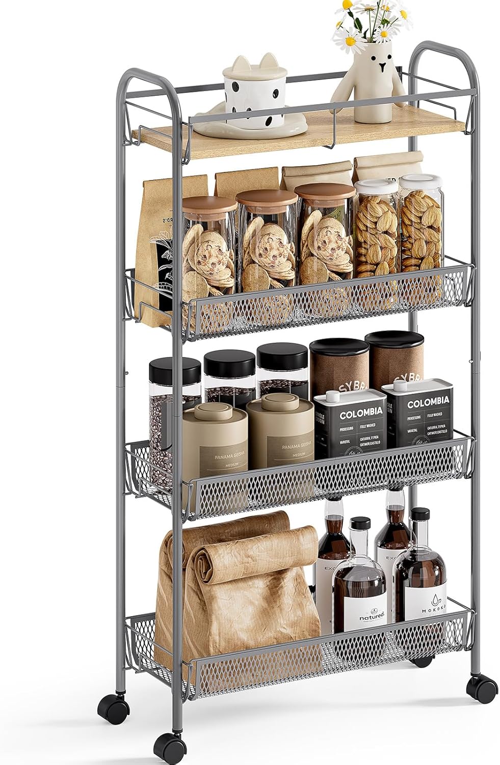 KINGRACK Metal Slim Rolling Cart,4-Tier Metal Utility Cart,Storage Cart with Wooden Tabletop, for Narrow Space on Laundry Bathroom Kitchen Room Bedroom Apartments Dormitory (Light Grey, Slim)