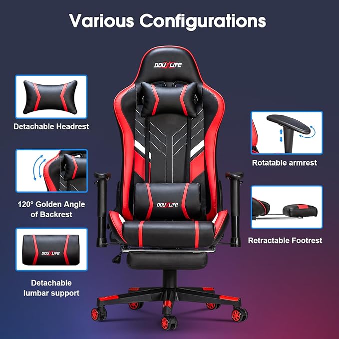 Douxlife 7-Point Massage Gaming Chair, 175° Gaming Recliner with Footrest Ergonomic Computer Office Chair High Back Video Game Chair with Lumbar Support, Upgraded Version, Red