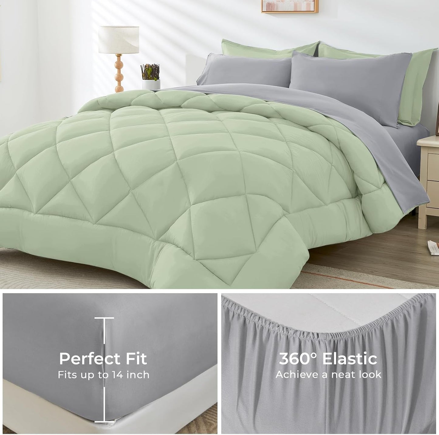 HEVUMYI King Comforter Set - 7-Piece All Season Bed in a Bag King, Ultra Soft Bedding Set with Comforter, Flat Sheet, Fitted Sheet, Pillowcases, Pillow Shams, Sage Green & Light Grey
