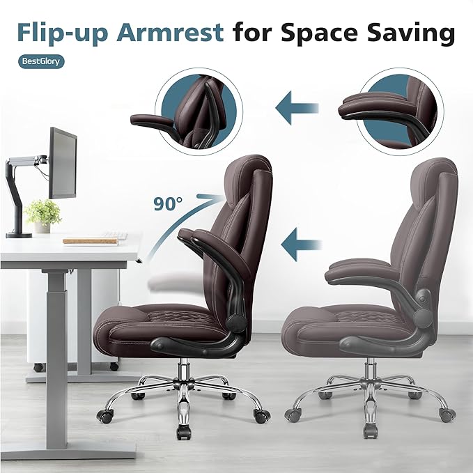 Office Chair, Ergonomic High Back Home Office Desk Chair, Big and Tall Breathable Leather Office Chair with Lumbar Support Flip-Up Armrests, Computer Chair with Rocking Function