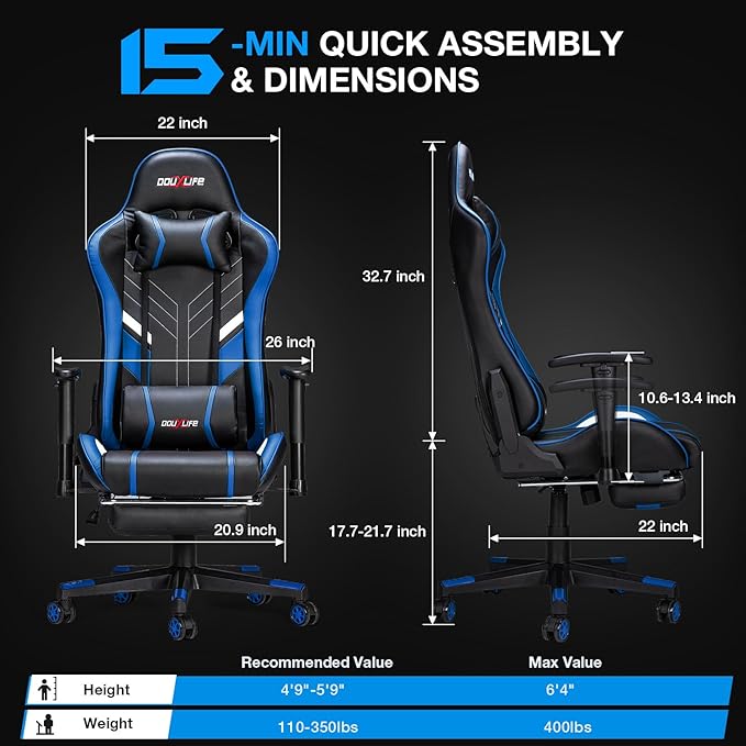 Douxlife 7-Point Massage Gaming Chair, 175° Gaming Recliner with Footrest Ergonomic Computer Office Chair High Back Video Game Chair with Lumbar Support, Upgraded Version Black and Blue