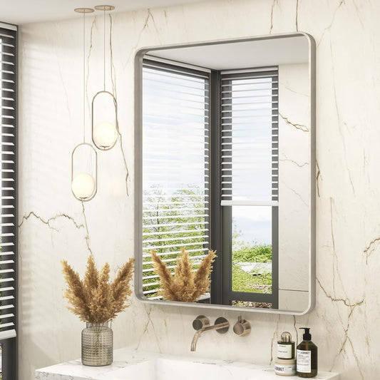 28x36 Inch Brushed Nickel Bathroom Mirror, Brushed Silver Metal Framed Wall Mirror, Rounded Rectangle Bathroom Vanity Mirror, Anti-Rust, Shatterproof (Horizontal/Vertical)