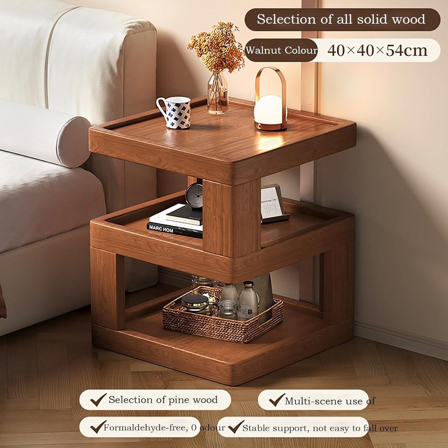 Solid Wood Nightstand,End Tables Bedroom Small Shelf Modern Nightstand Wood Side Table (Walnut Brown-21.3 * 15.8 * 15.8)