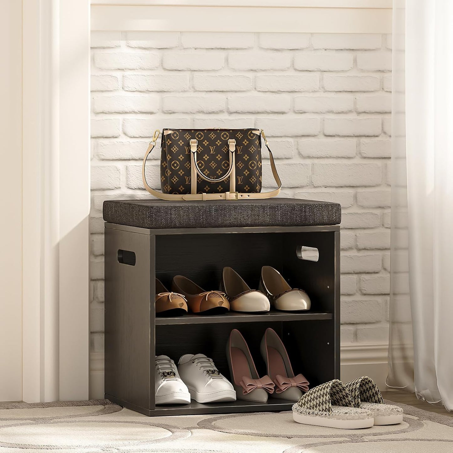 Bamboo Small Shoe Bench for Entryway 2 Tier Shoe Storage Bench with Cushion Adjustable Shoe Rack with Padded Seat for Living Room Hallway (Antique Black)