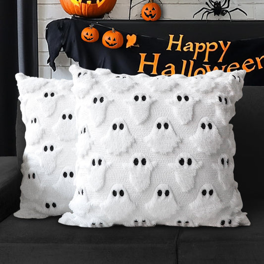 4TH Emotion Halloween Ghost Decorative Pillow Covers 20x20 Set of 2, White Soft Plush Faux Fur Farmhouse Throw Cushion Cases for Fall Autumn Holiday Home Decorations