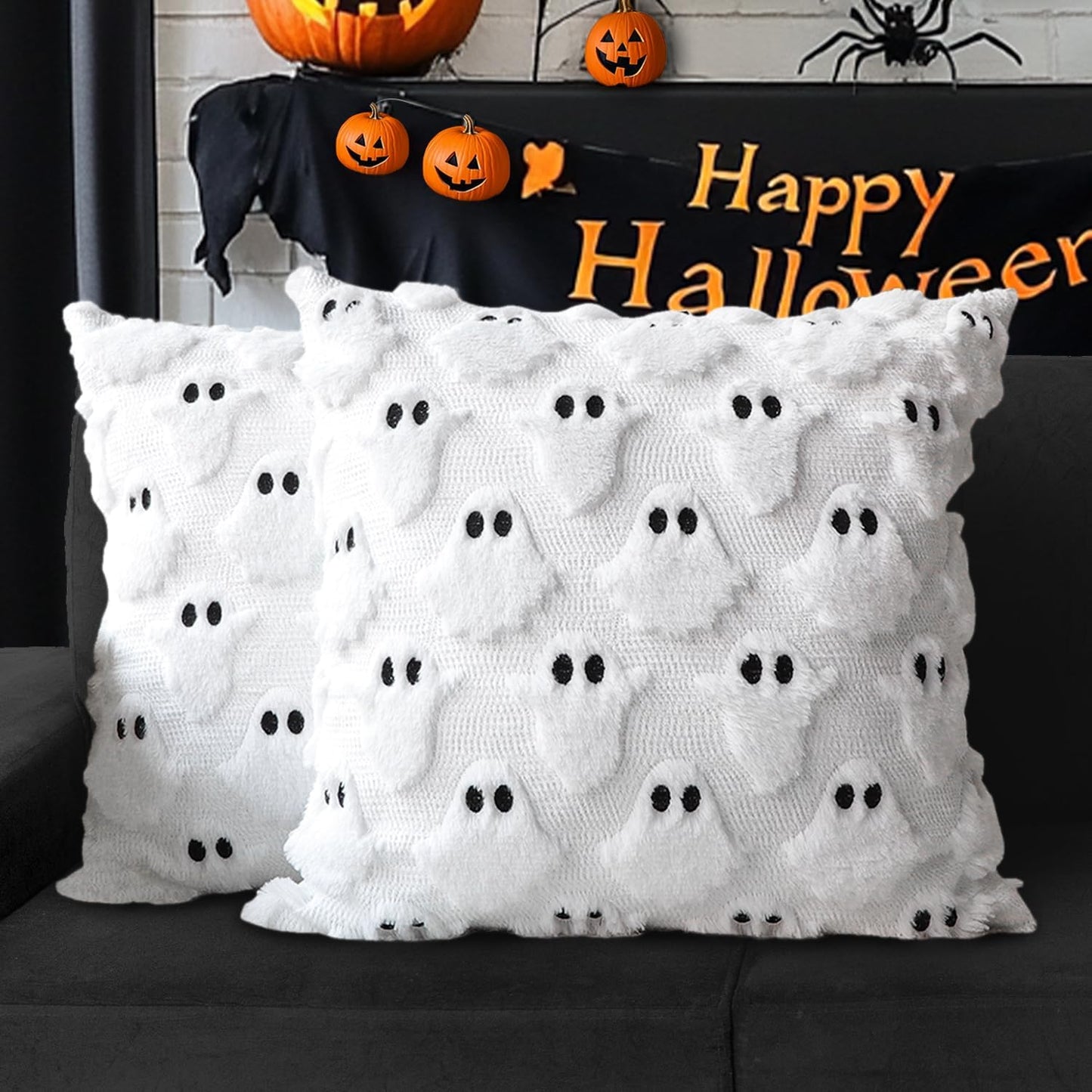 4TH Emotion Halloween Ghost Decorative Pillow Covers 16x16 Set of 2, White Soft Plush Faux Fur Farmhouse Throw Cushion Cases for Fall Autumn Holiday Home Decorations