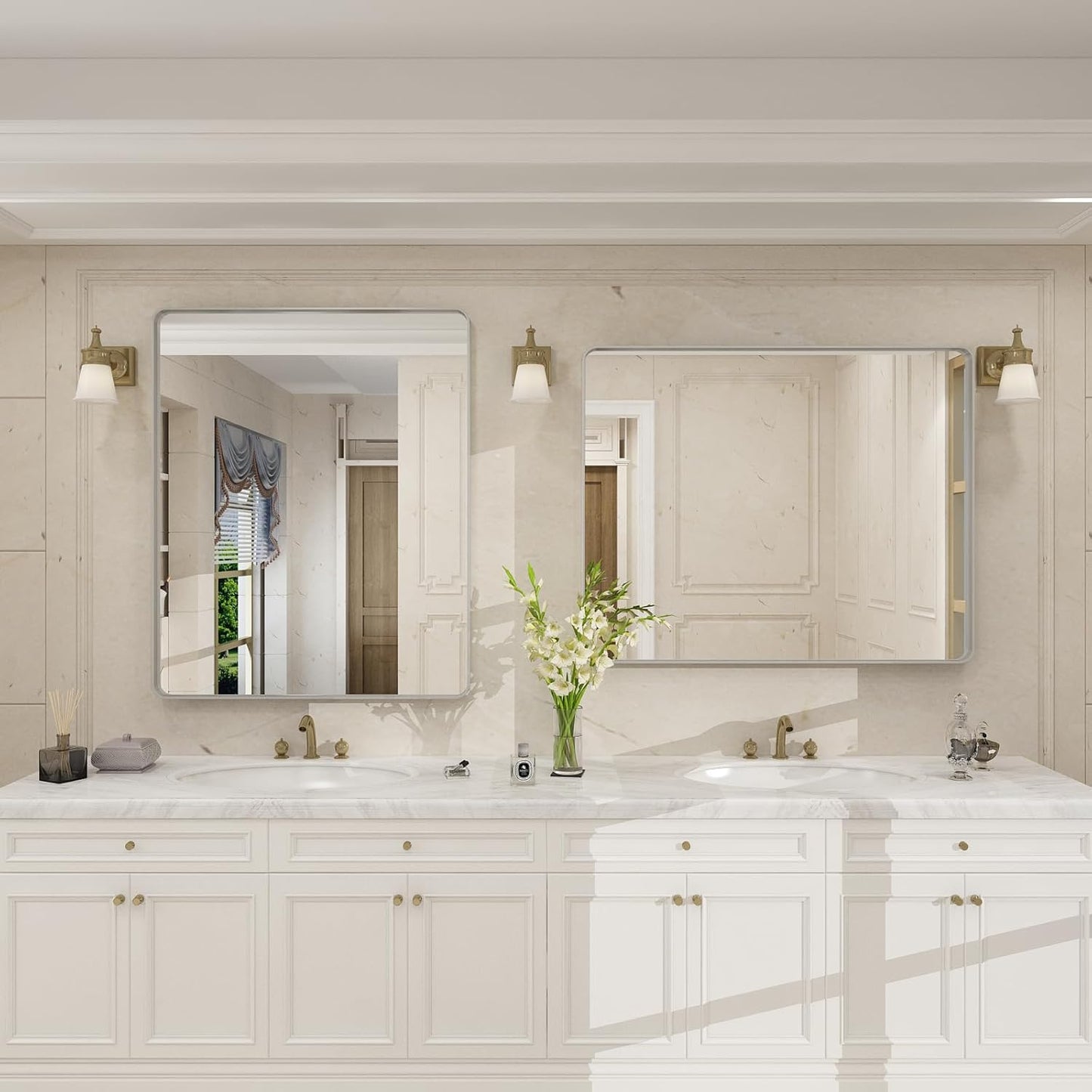 28x36 Silver Bathroom Mirror for Wall, Brushed Metal Framed Bathroom Vanity Mirror, Rounded Corner Rectangle Silver Mirror, Shatterproof, Anti-Rust (Horizontal/Vertical)