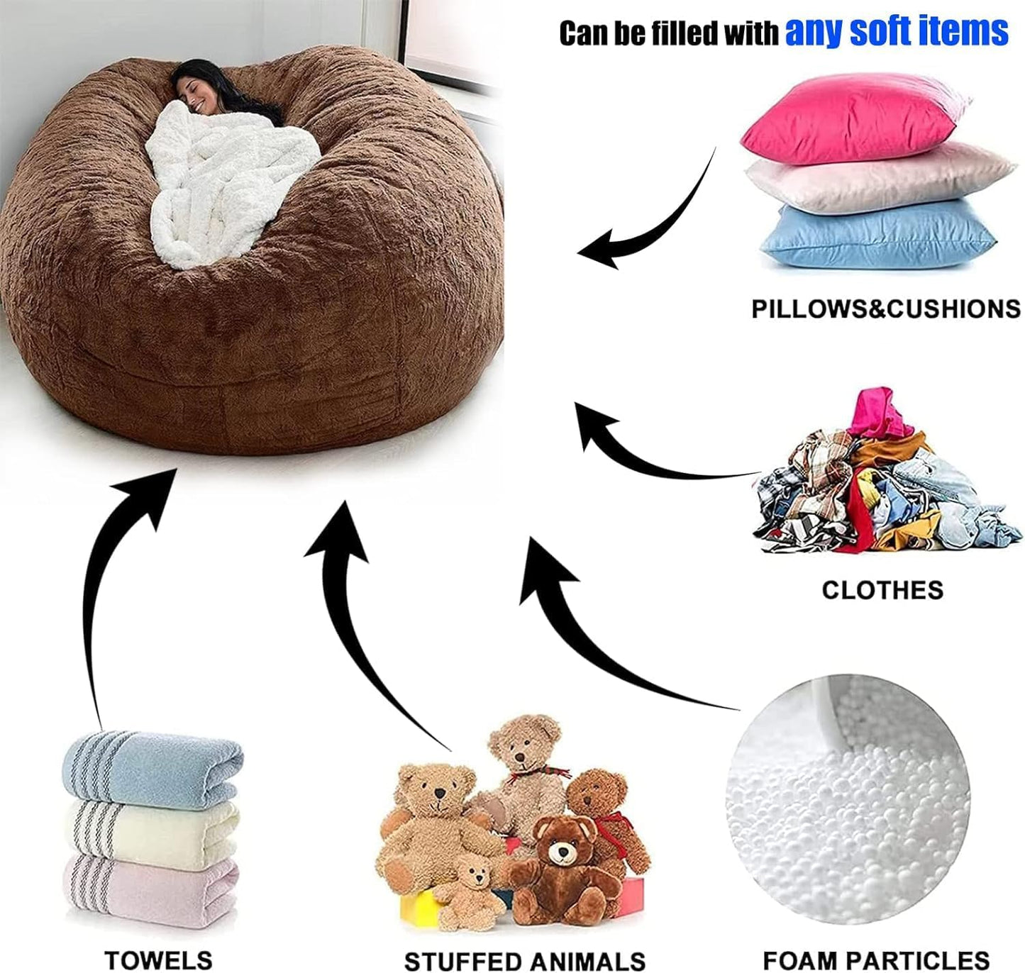 Giant Fur Bean Bag Chair Cover for Kids Adults, (No Filler) Living Room Furniture Big Round Soft Fluffy Faux Fur Beanbag Lazy Sofa Bed Cover (Grey, 3FT)