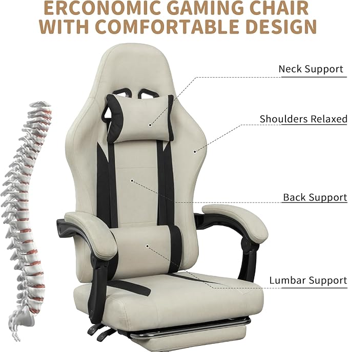 Breathable Fabric Gaming Chair with Footrest, Height Adjustable Game Chair, Video Gaming Chair for Gaming Room, Living Room and Office - Beige/Black