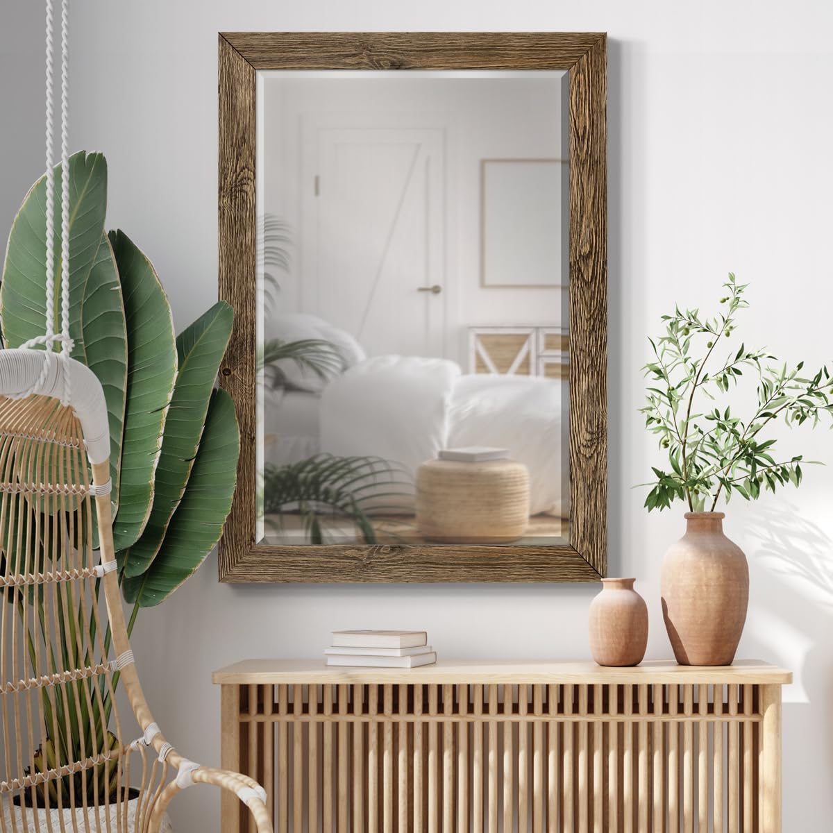 Walnut Vanity Mirror Rectangular Barnwood Framed Wall Mirror for Home Decor, Vertical or Horizontal Hanging, 41x29