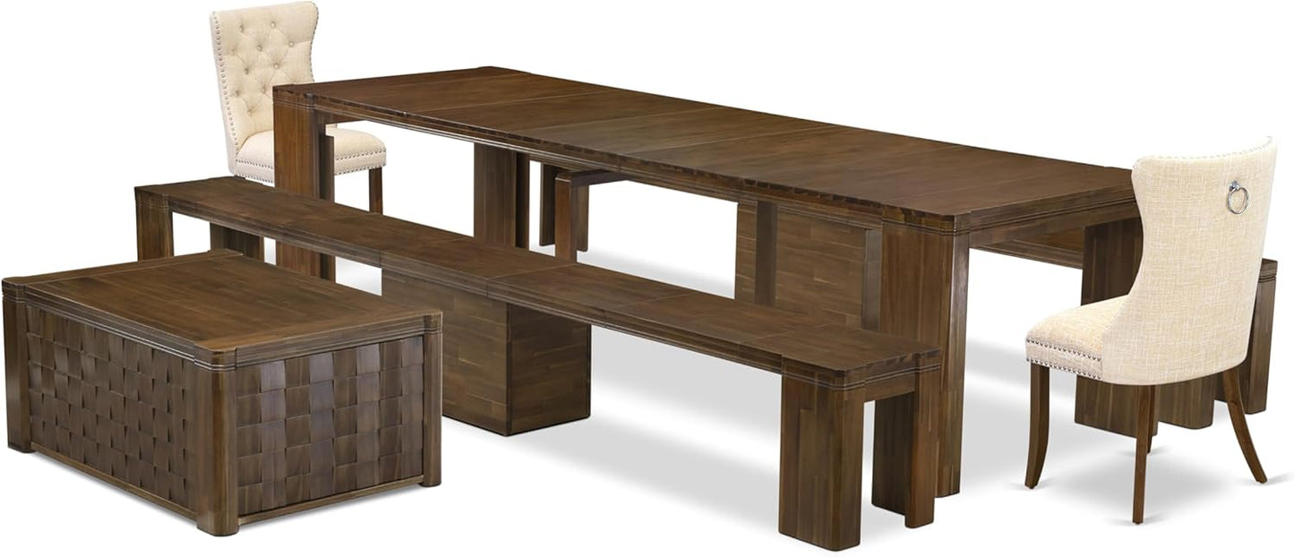 X02DA-2C8-32 6-Pc Dining Table Set includes an Extendable Rectangle Kitchen Table, 1 Coffee Table, 2 Polyester Dining Chairs and 2 Benches, 39x120 Inch, Antique Walnut