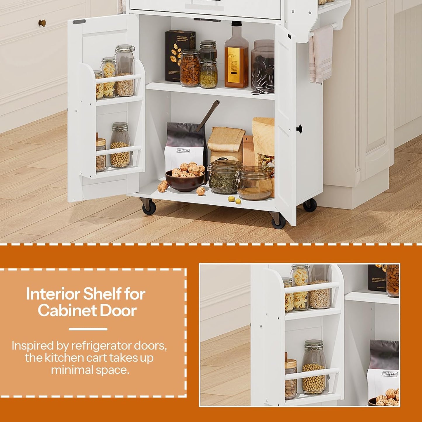 HOOBRO Kitchen Island with Power Outlet, Kitchen Storage Island with Large Worktop, Spice Rack and Drawer, Rolling Kitchen Island Cart on Wheels, for Kitchen and Dining Room, White WT88UZD01