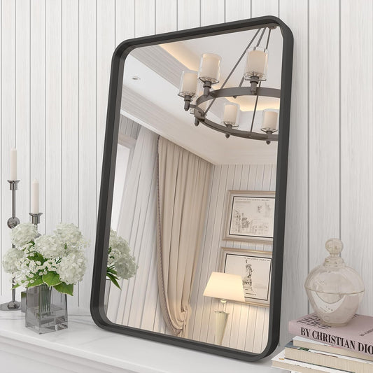 16x24 Inch Black Metal Framed Bathrrom Mirror for Wall, Matte Black Rectabgle Mirror, Rounded Corner, Anti-Rust, Hangs Horizontally or Vertically