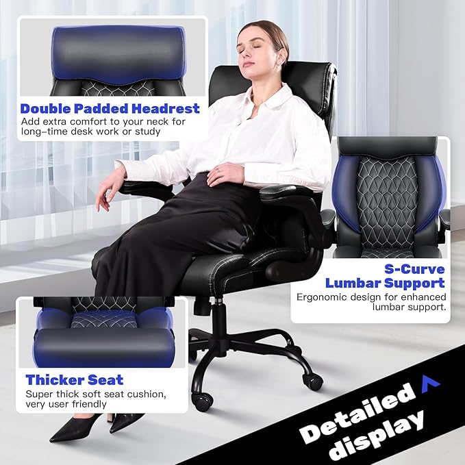 High Back Executive Office Chair - Ergonomic Computer Desk with Rocking Function, Leather Managerial with Adjustable Flip-Up Armrests and Lumbar Support