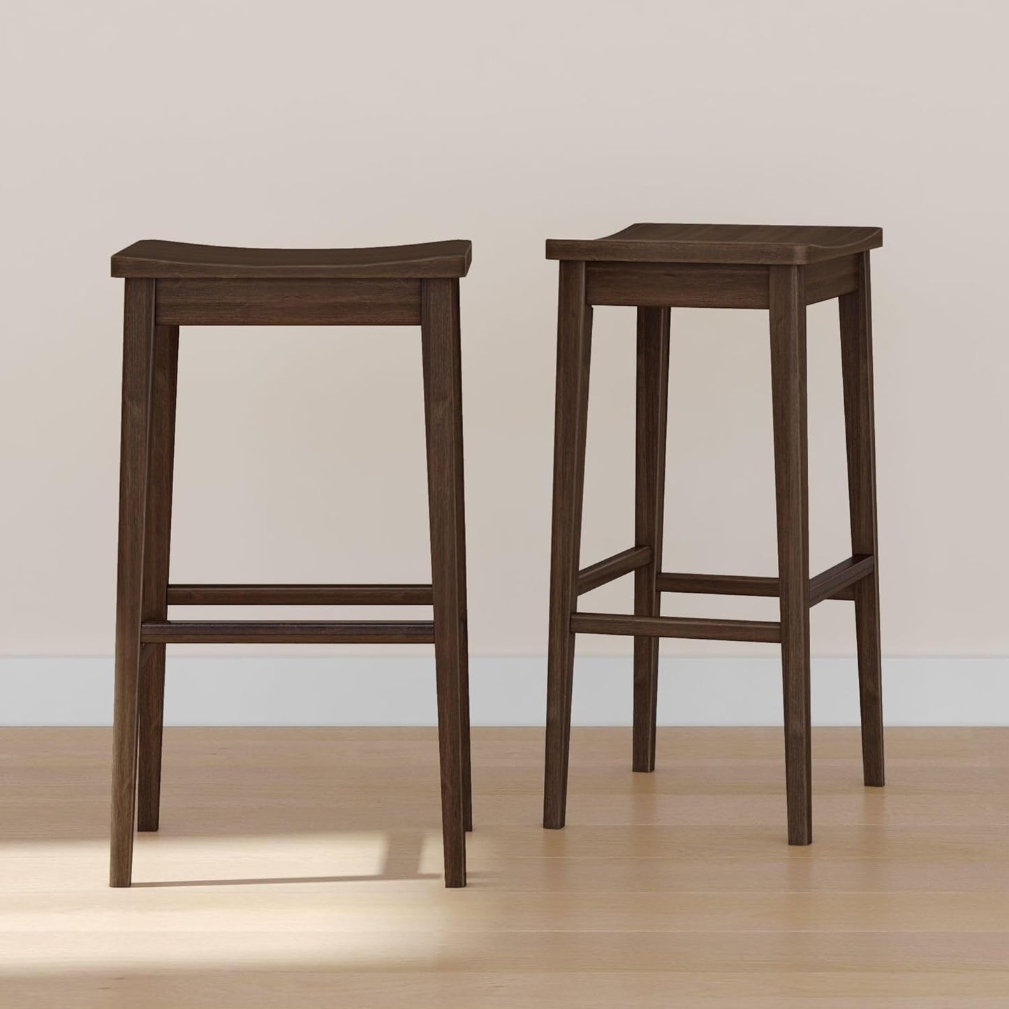 Plank+Beam Smythe Bar Stool, 30", Set of 2, Sturdy Wood Modern Kitchen Counter Height Stool, Saddle Seat Backless Counter Chair, Metal Footrest, Walnut