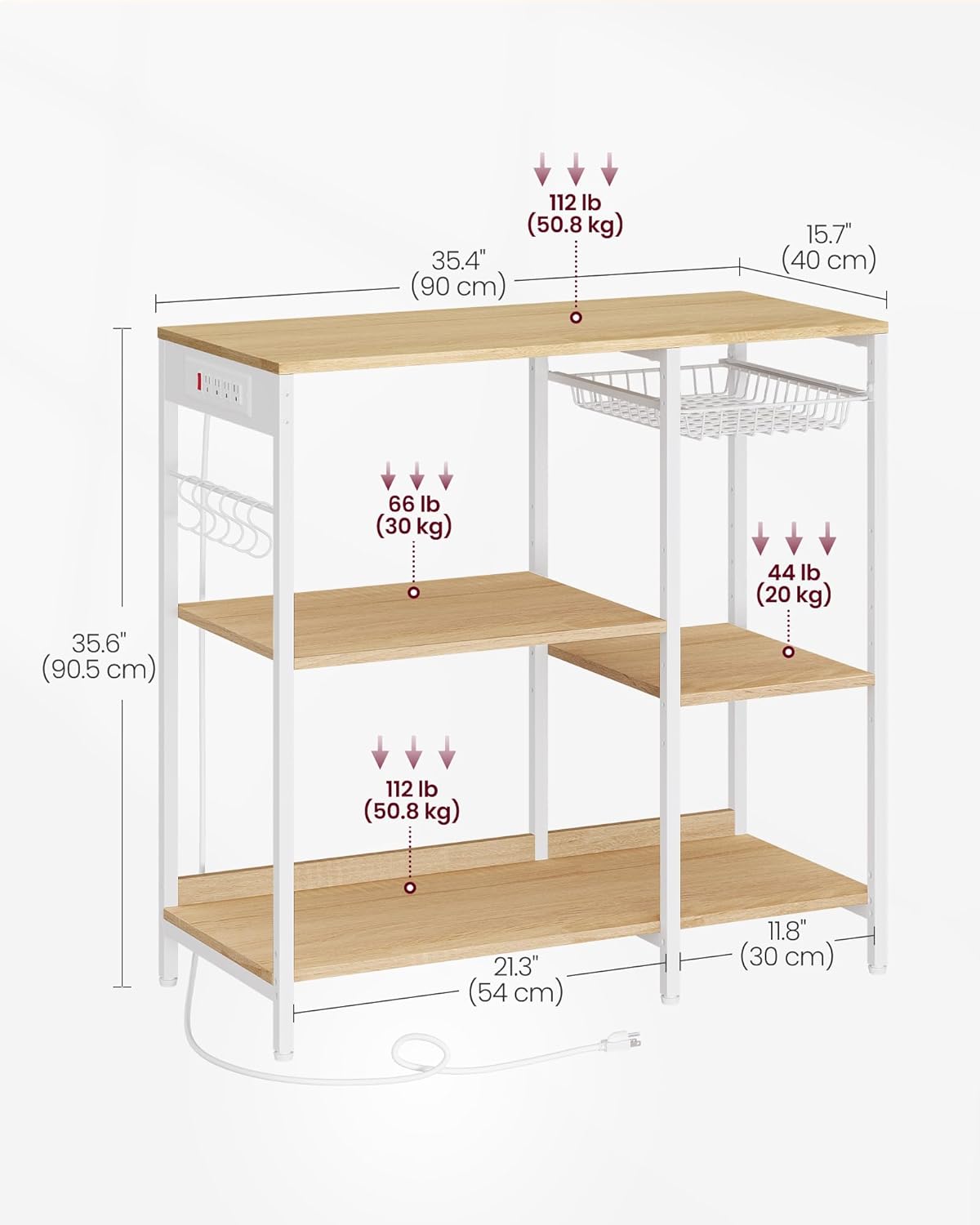 VASAGLE Baker's Rack, Coffee Bar Stand with Charging Station, Storage Shelves, Pull-Out Wire Basket, Table for Microwave, Kitchen, Oak Beige UKKS036Y09, 15.7 x 35.4 x 35.6 Inches