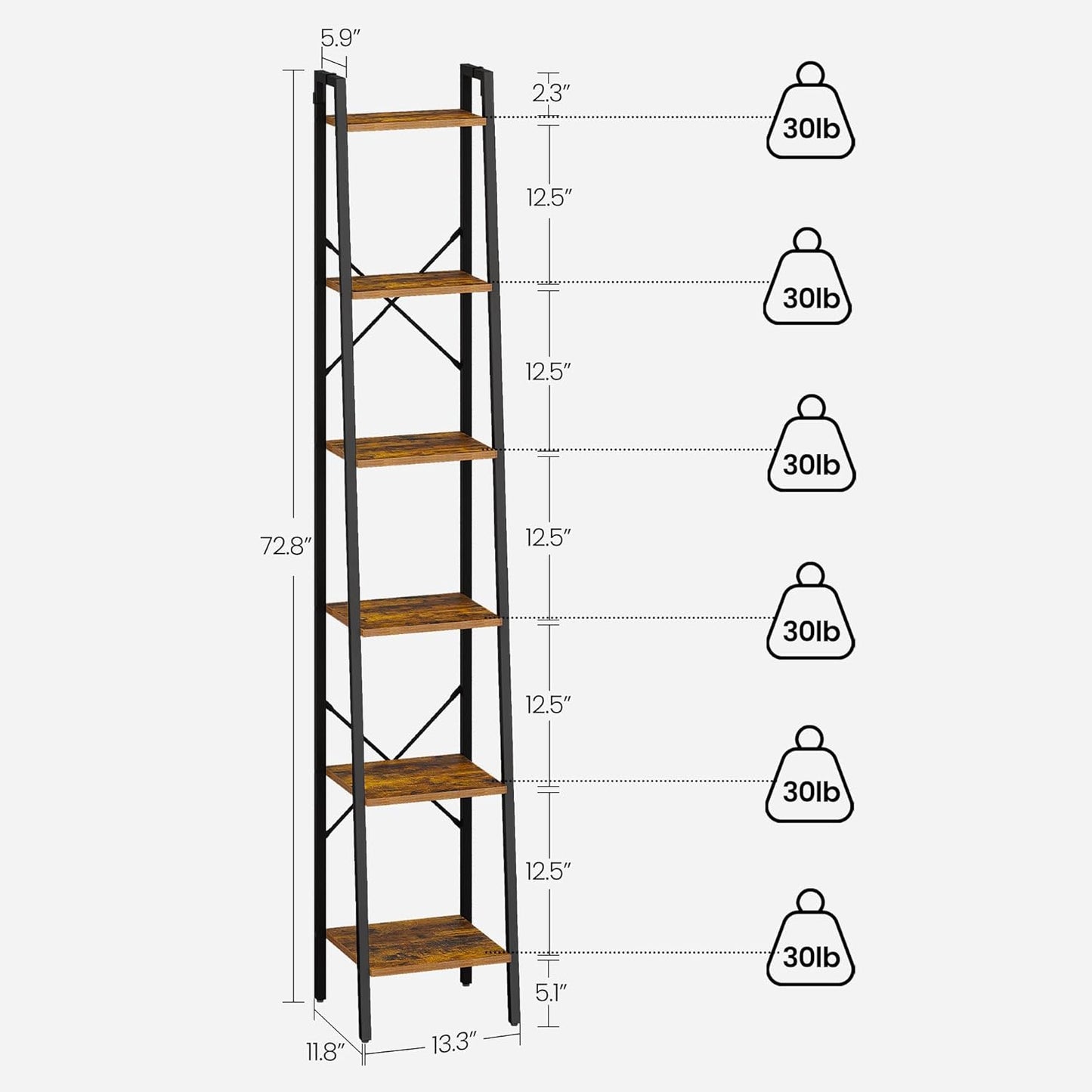 Ladder Shelf, Bookshelf Bookcase, Freestanding Corner Storage Shelve with 2 Hooks for Home Office, Living Room, Kitchen, Bedroom, Industrial, 6-Tier Rustic Brown BC13301B