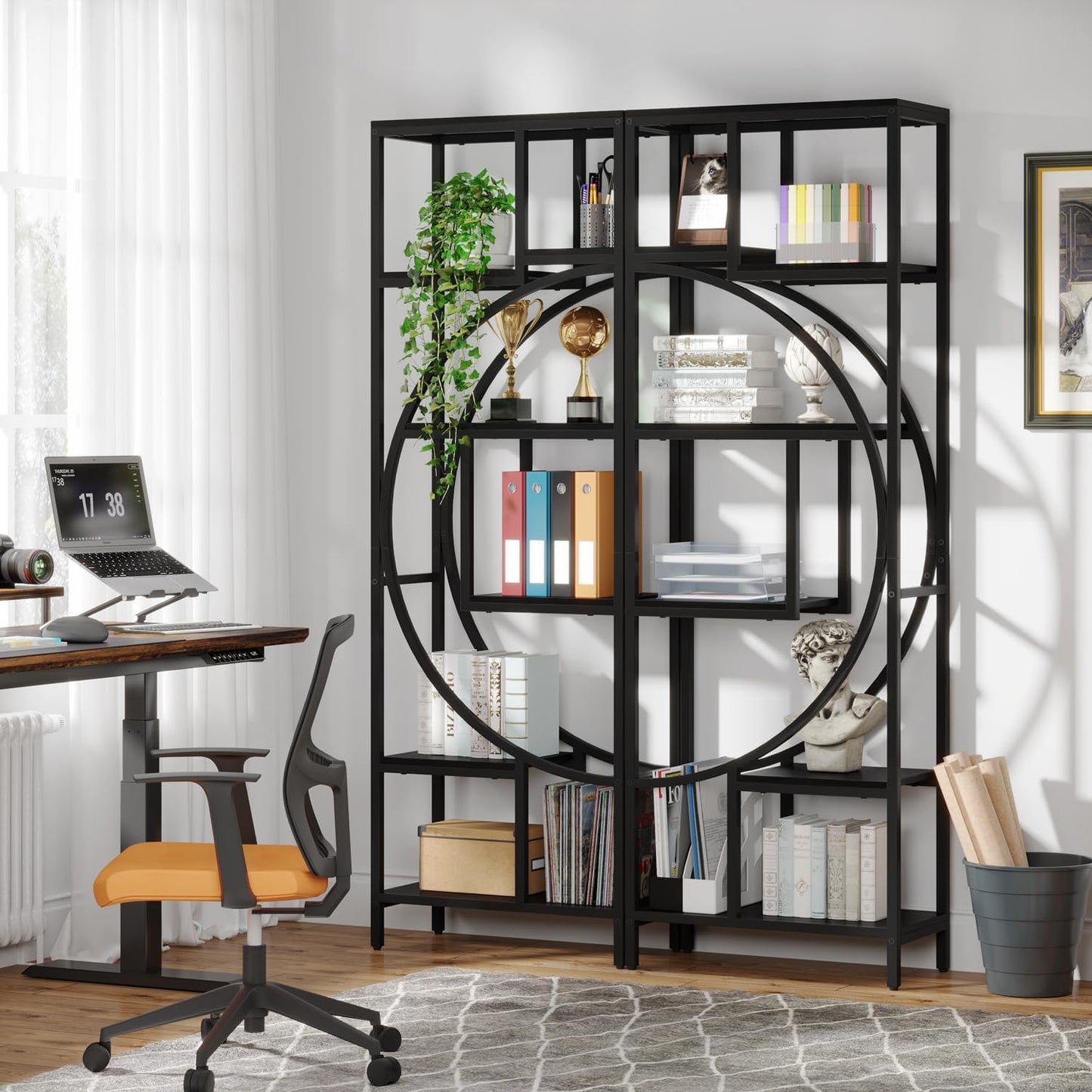 Geometric Bookshelf, 70.9" Tall Bookcase with 7-Shelf Open Shelves, Wood Metal Book Shelf Display Rack Storage Shelving Unit for Office, Bedroom, Living Room, Easy Assembly, Black