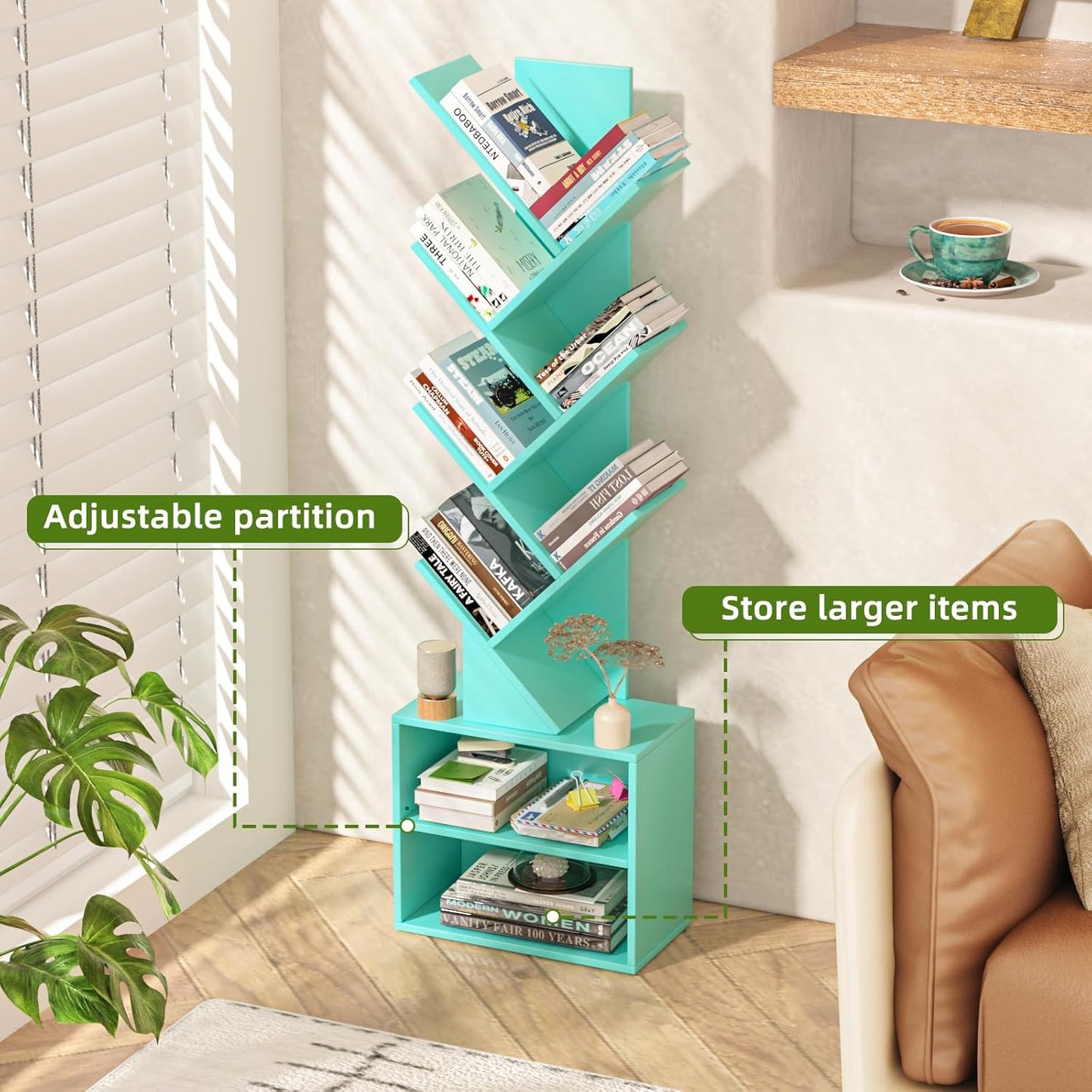 10 Tier Tree Bookshelf,Floor Standing Wood Tall Bookcase for Narrow Space, Storage Organizer Bookshelves for Books, Book Case for CDs/Movies/Books,Home Office,Living Room, Bedroom