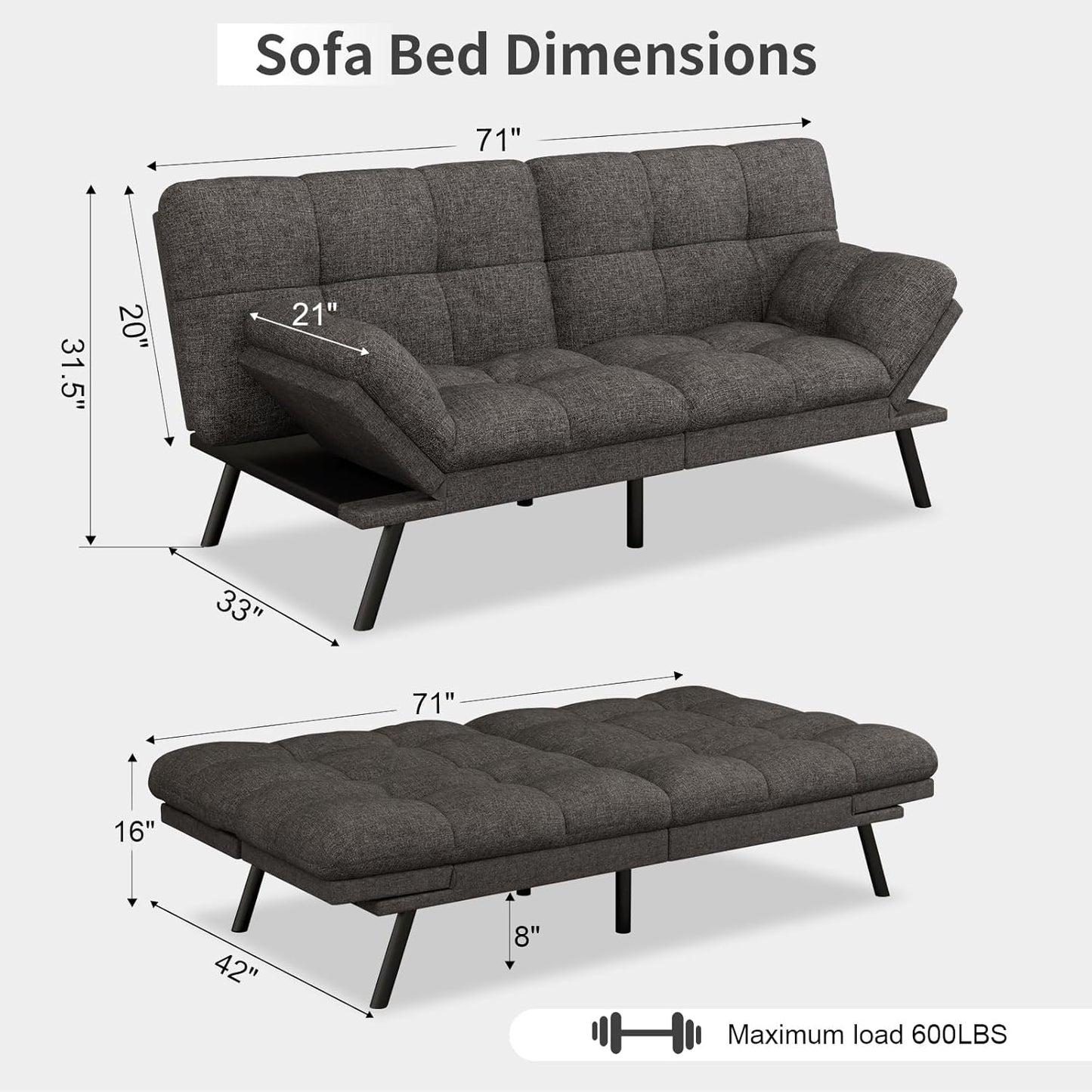 Vipbear Futon Sofa Bed Couch, 71" Convertible Sofa Bed, Space-Saving Loveseat with Adjustable Backrest & Armrest for Living Room,Apartment,Office,Pure Grey Sleeper Sofa