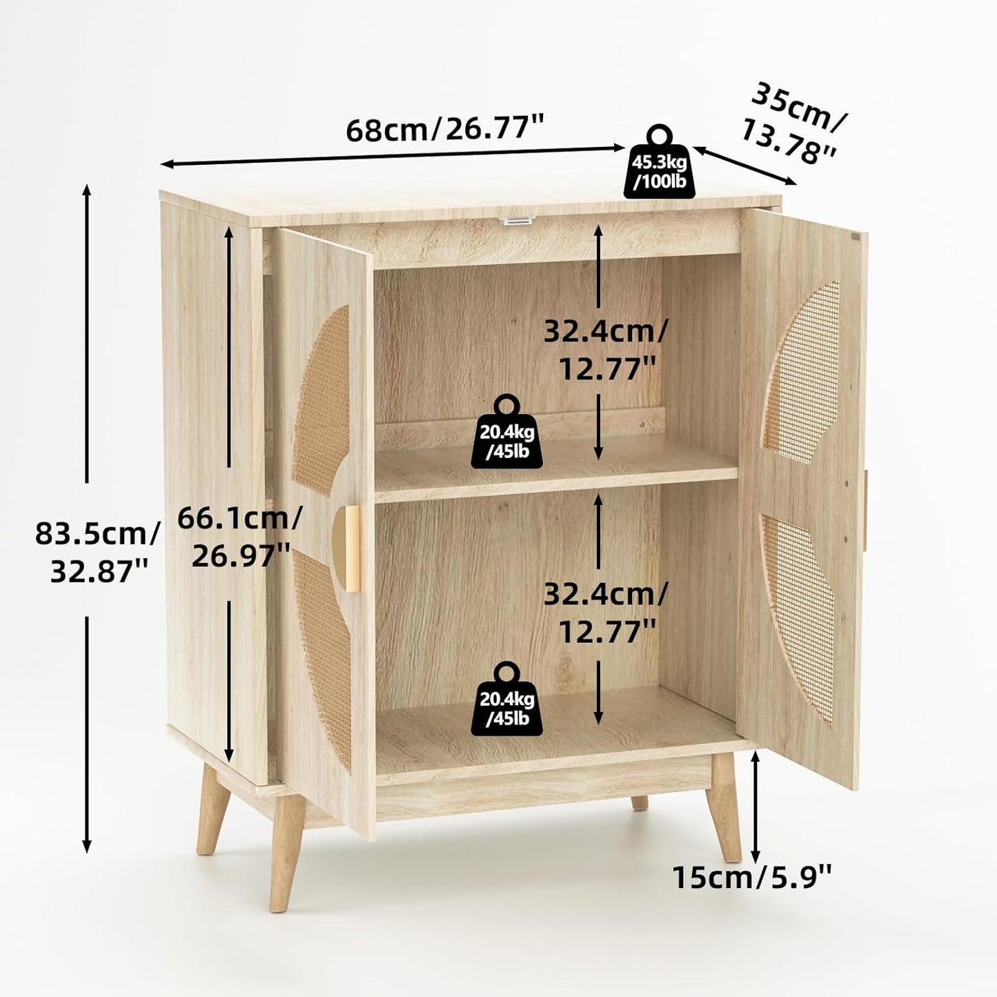 Buffet Cabinet with Storage Sideboard Accent Modern Credenza with Doors & Shelves 32.9" Rattan Media Console Mid Century Coffee Bar Table for Living Room Kitchen Dining Room Hallway
