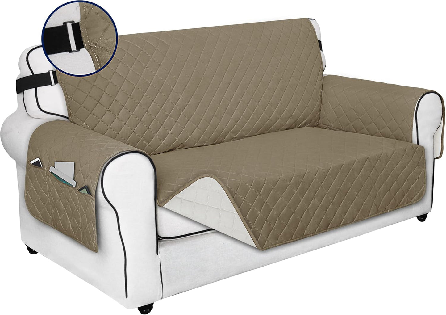 PureFit Reversible Sofa Cover Water Resistant Loveseat Couch Cover, Machine Washable Furniture Cover with Non-Slip Foam and Adjustable Strap for Dogs, Pets (Loveseat, Beige/Ivory)