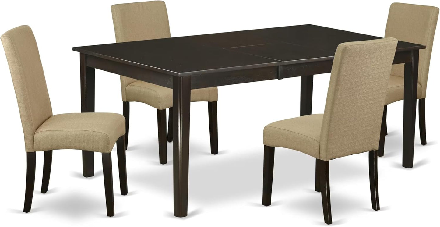 East West Furniture HEDR5-CAP-03 5 Piece Dining Room Furniture Set Includes a Rectangle Dining Table with Pedestal and 4 Brown Linen Fabric Parsons Chairs, 42x72 Inch, Cappuccino