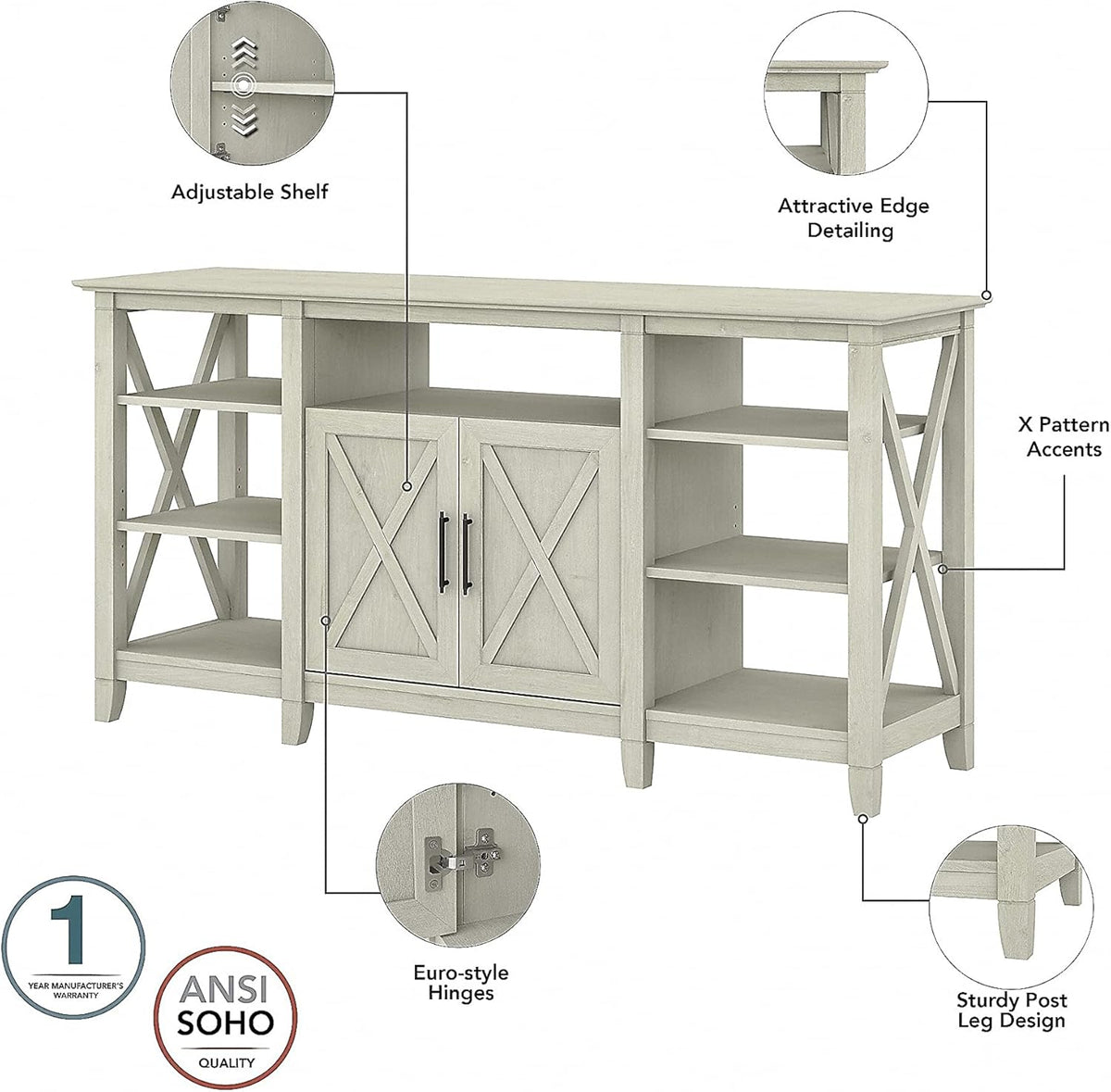 Bush Furniture Key West Tall TV Stand for 65 Inch TV in Linen White Oak, Farmhouse Entertainment Center with Storage