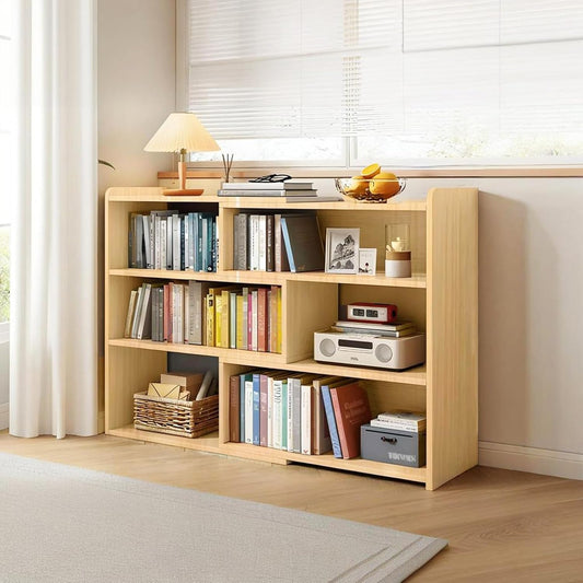 Wooden Extendable Bookcase,Open Low Bookshelf, 4-Shelf Storage Unit, Freestanding Bookcase for Small Spaces or Corners, Stylish Shelves for Living Room and Office (Wood Color, L)