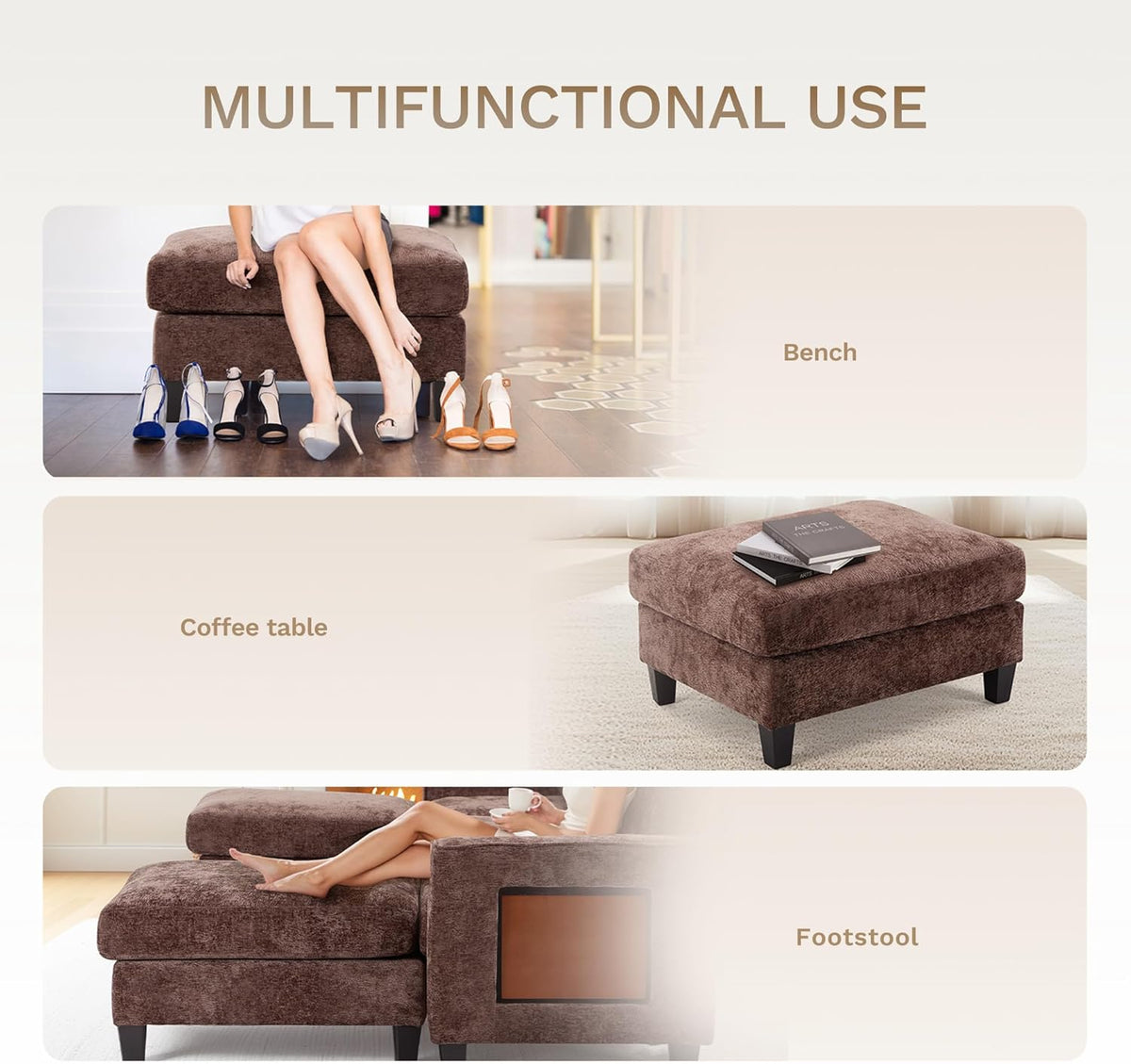 COLAMY 118" U-Shaped Sectional Couch, 4-Seat Modular Sofa with 2 Ottomans and Foldable Side Table, Brown for Living Room