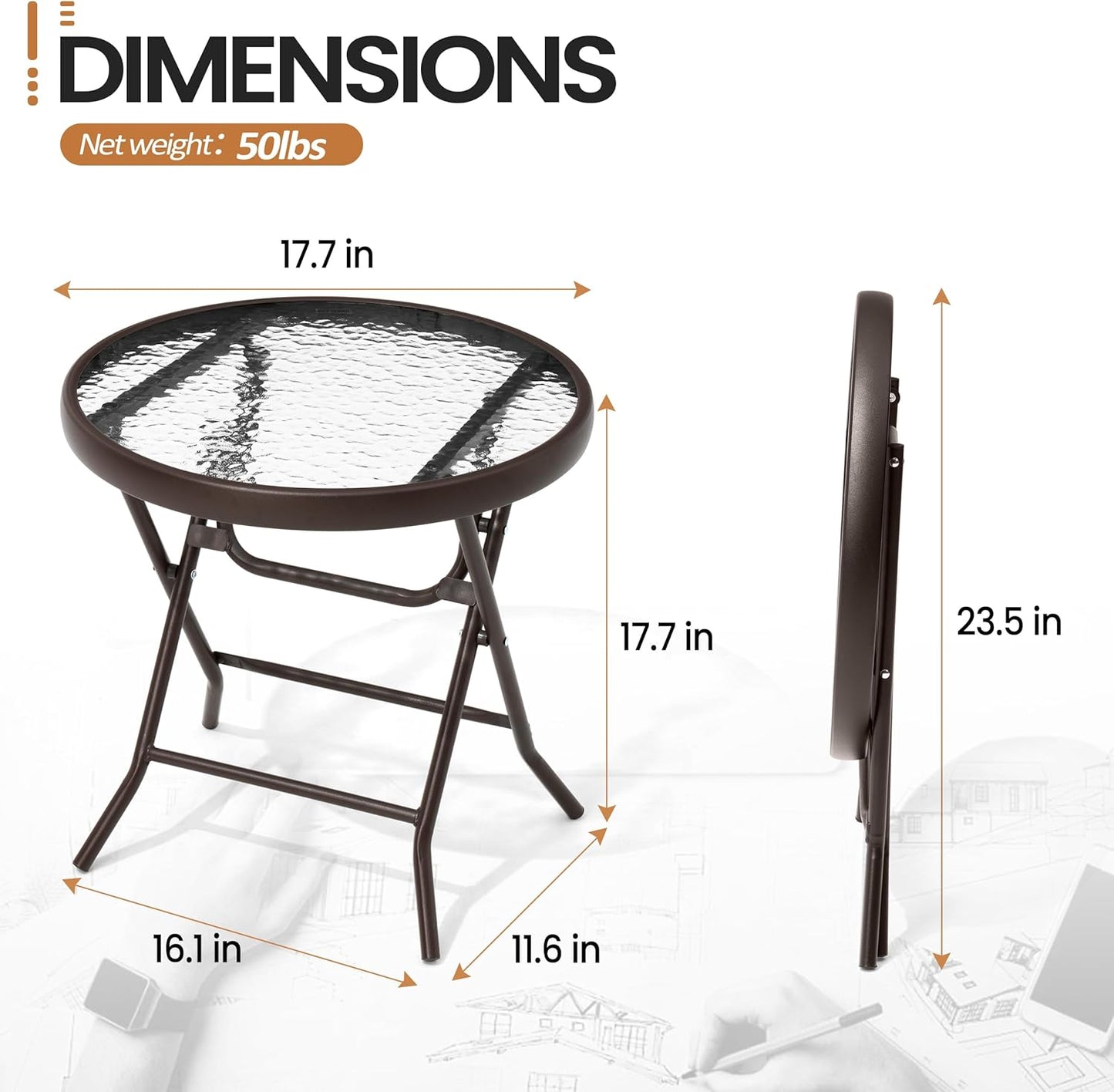 Foldable Side Table with Tempered Glass Top 18" Outdoor Folding Side Table Small Glass Patio Tables for Porch Yard Balcony Deck Lawn Dining Garden (Brown)