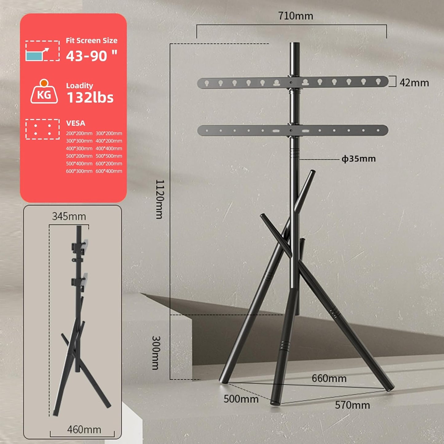 Easel Art TV cart for 43-90 inch TVs Triangular 3-Leg TV Cart with Height Adjustable 60KG Capacity Portable Floor cart for Living Room LS600B