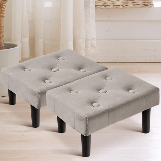HOUCHICS Small Footstool Ottoman,Velvet Soft Footrest Ottoman with Wood Legs,Sofa Footrest Extra Seating for Living Room Entryway Office(Grey 2PACK)