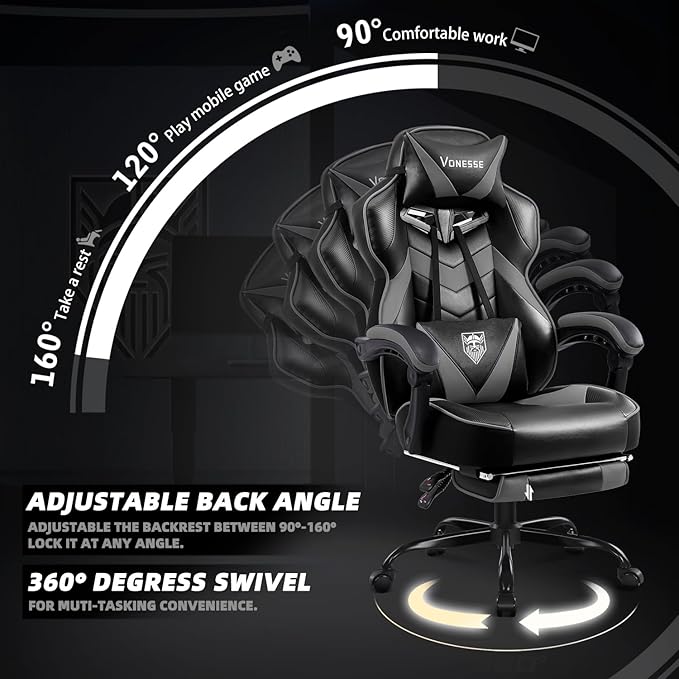 Vonesse Gaming Chair, High Back Gaming Chair with Footrest and Massage, Gaming Chairs for Adults with Pocket Spring Cushion, Big and Tall Reclining Computer Chair with Lumbar Support (Grey/Black)
