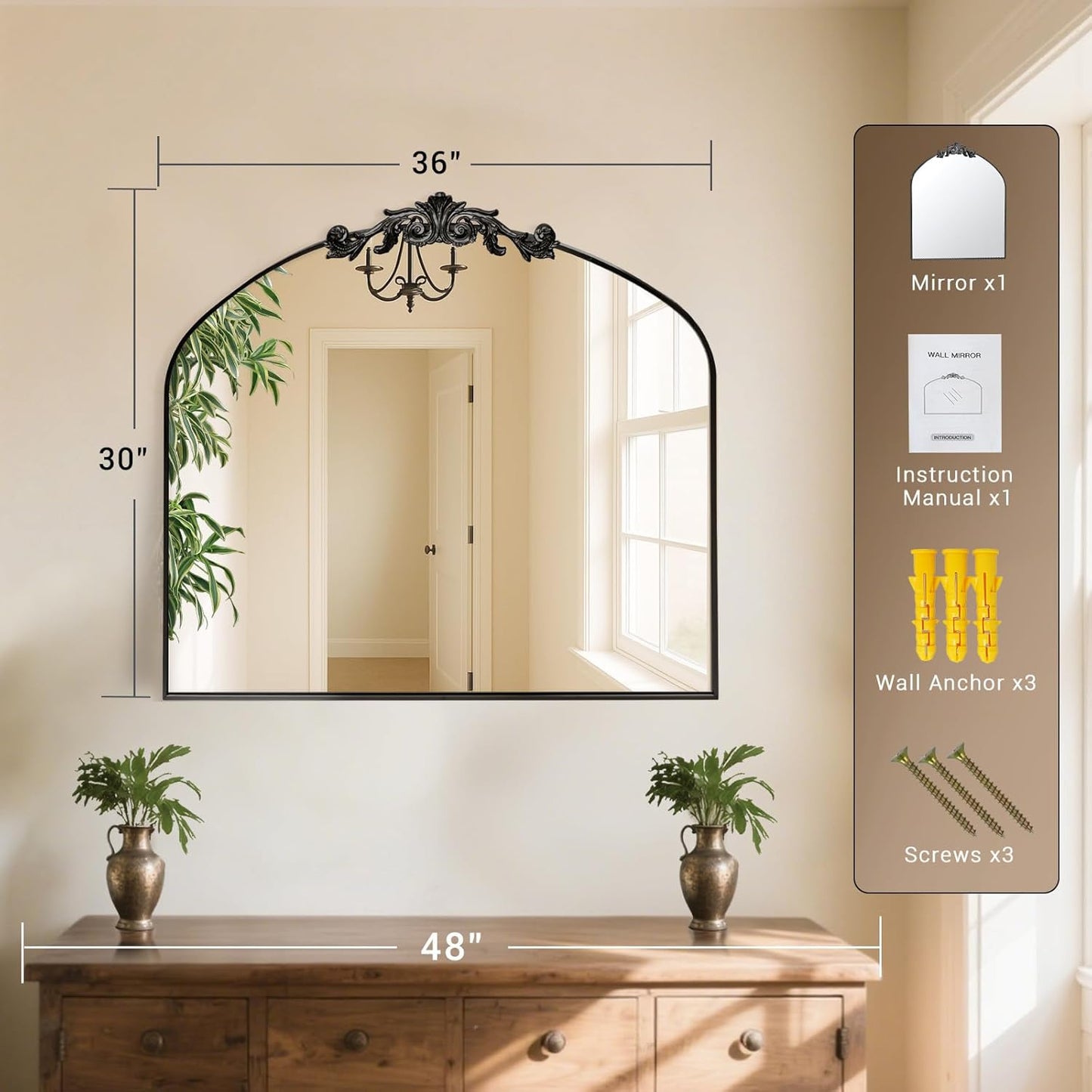 MISSDAY Vintage Matte Black Baroque Mirror for Wall, 36"X30" Arched Antique Wall Mirror with Elegant Carving Top, Full Metal Frame Wall-Mounted Mirror for Bathroom, Living Room, Fireplace, Entryway