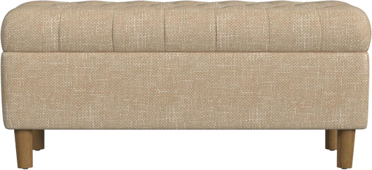 HomePop Home Decor | Tufted Ainsley Button Storage Ottoman Bench with Hinged Lid | Ottoman Bench with Storage for Living Room & Bedroom, Light Tan Textured Solid