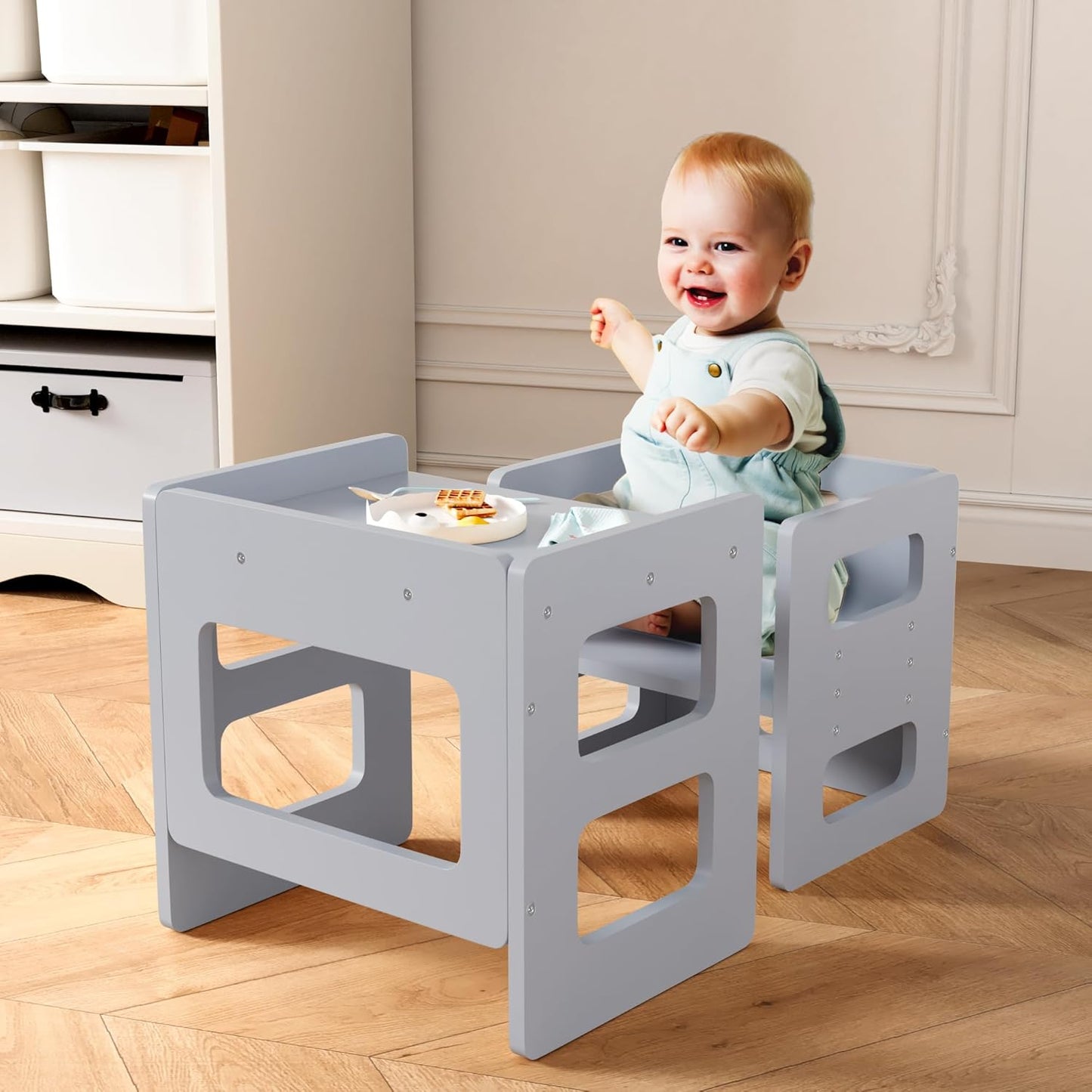 Montessori Weaning Table and Chair Set for Toddler and Baby, Kids Table and Chair Set- Solid Wood Toddler Furniture with Adjustable Height, Step Stool, for 1-3 Year Old Kids - Grey