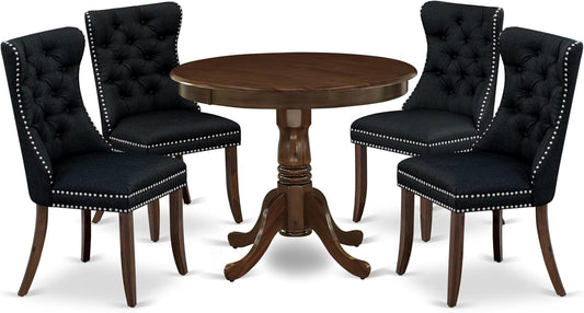 East West Furniture ANDA5-AWA-24 5 Piece Dining Table Set Consists of a Round Kitchen Table with Pedestal and 4 Polyester Fabric Padded Chairs, 36x36 Inch, Antique Walnut