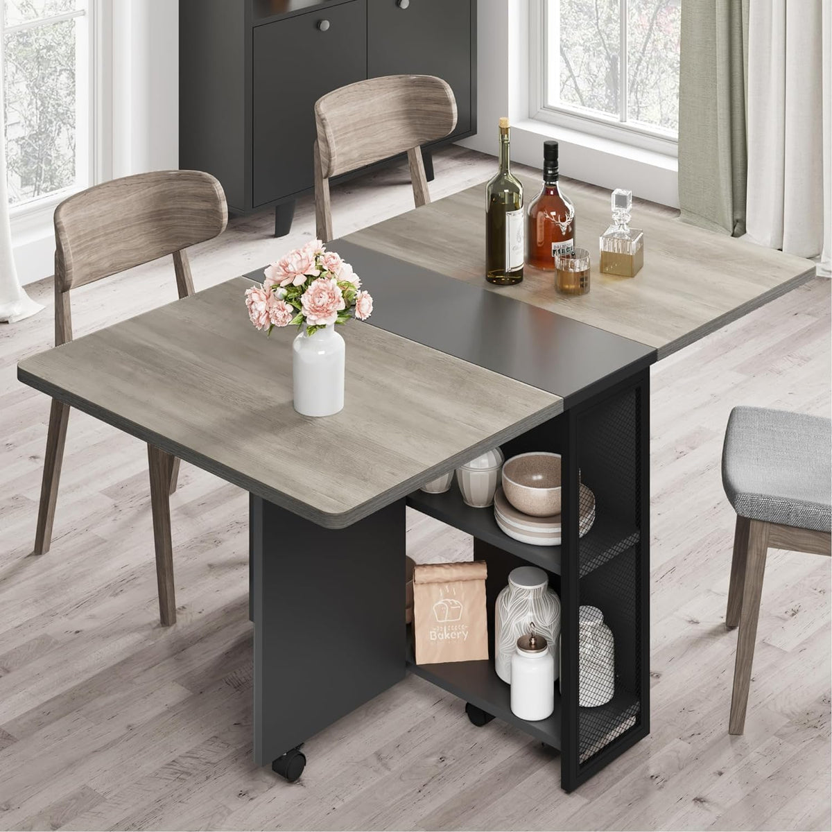IDEALHOUSE Folding Dining Table, Drop Leaf Dining Table with 6 Wheels and 2-Layer Storage Shelf, Space Saving Dining Table for Small Spaces (Carlo Grey, 50.1" D x 31.4" W x 29.5" H)