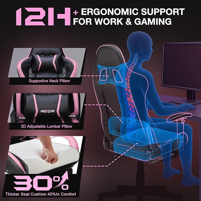 Douxlife 7-Point Massage Gaming Chair, 175° Gaming Recliner with Footrest Ergonomic Computer Office Chair High Back Video Game Chair with Lumbar Support, Upgraded Version, Black and Pink